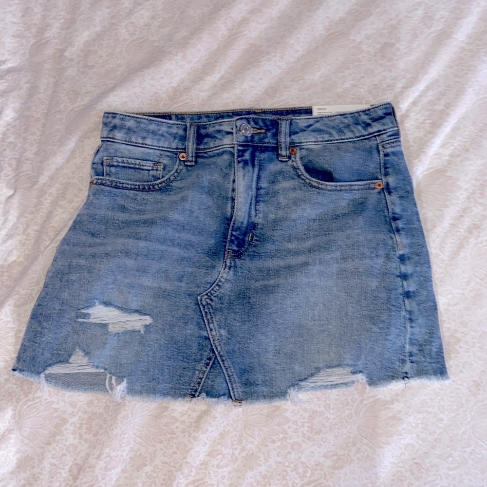 American Eagle Outfitters high rise blue ripped jean skirt